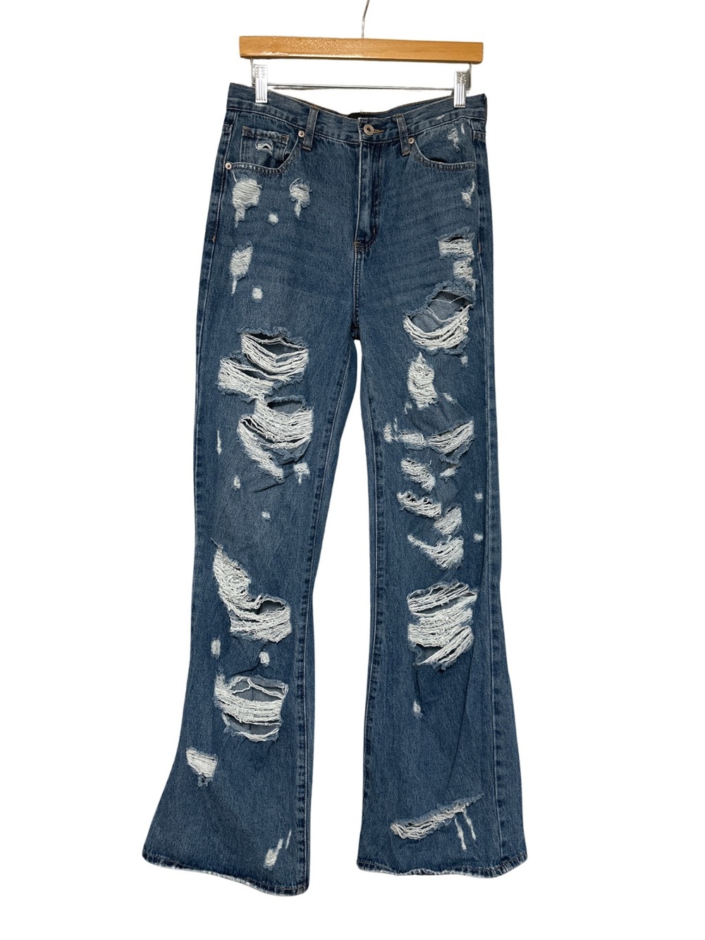 Distressed High-Rise Flare Jeans Medium Blue Washed Size 9